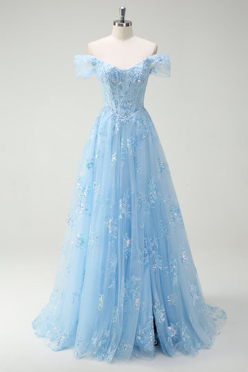Sparkly Sky Blue Off The Shoulder A-Line Abito da cerimonia con fessura